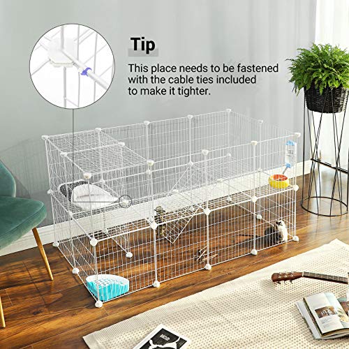 SONGMICS 36 Panels Pet Playpen, Small Animal Playpen, Rabbit Guinea Pig Cage, Zip Ties Included, Metal Wire Apartment-Style Two-Story Pet Premium Villa for Bunnies Puppies, Indoor Use, White ULPI02W - color: White, size: 56.3"L x 28.7"W x 28"H