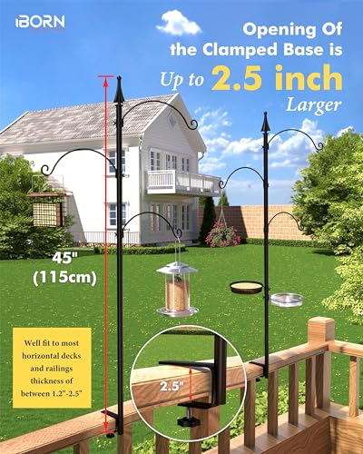 iBorn Shepherds Hooks for Outdoor Clamp On Deck Hook for Bird Feeder 45 Inch Heights Feeder Hangers for Deck Railing Hummingbird Feeders Hanging Tri-Hooks 2024 New (Feeders are Not Included) - size: 45" Height with Tri-Hooks