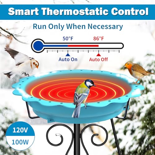 Heated Bird Bath for Outside Winter, Powerful 100W Thermostat Control Heated Bird Baths for Outdoors with 5-Prong Metal Stake, Heated Birdbath Water Heater for Garden Yard Patio Lawn (Blue) - color: Blue