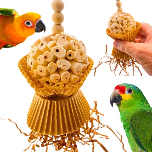 Bonka Bird Toys 1925N Natural Cake Bird Toy – 7" Tall, Lightweight, Bird-Safe Sola Plant Ball Core with Shreddable Cupcake Cups & Wooden Beads – Ideal for Finches, Parakeets, Lovebirds & Small Birds