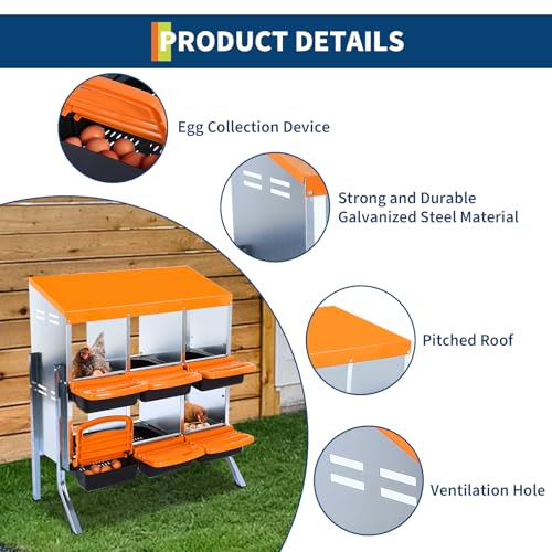2-Tier Chicken Nesting Box, 6 Compartment Metal Nesting Box for Chickens with Waterproof Roof, Non-Slip Stable Base, Heavy Duty Chicken Laying Boxes for Hens, Poultry - color: Orange, size: 6 holes with legs