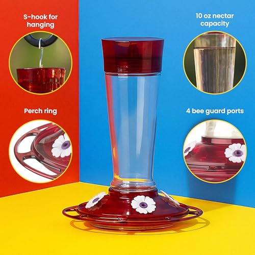 More Birds Bird Health+ Ruby Hummingbird Feeder, Glass Hummingbird Feeders for Outdoors, 4 Feeding Stations, 10 Ounces, Ruby Red