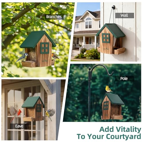 Wooden Hanging Hopper Bird Feeder for Outdoors with Weatherproof Roof Green | Bird House Feeder Attracts Various Wild Birds Cardinals, Bluebirds For Backyard, Yard And Patio Hanging Feeding - color: Green
