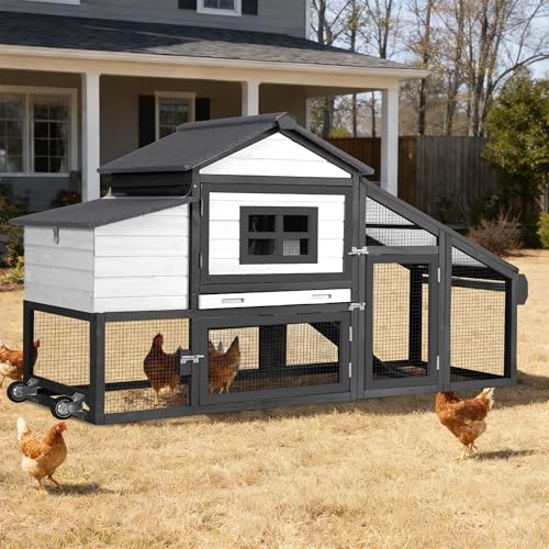 Chicken Coop with Run and Wheels Outdoor Poultry Hen House with Slide-Out Tray Chicken Cage Weatherproof Roof Predator-Proof for Backyard Black and White - color: 72.3"L Black & White