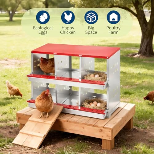 Chicken Nesting Box, 2-Tier 6 Compartments Metal Poultry Nest Box, Hen Laying Box, with Perch & Ventilation Holes, for Backyard Chicken Coops Home Poultry Raising - size: 37.8"L x 18.9"W x 28.0"H