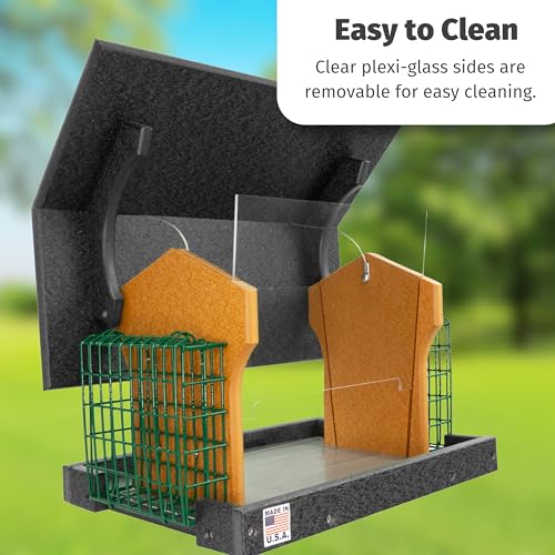 DutchCrafters Poly Hanging Large Hopper Bird Feeder with Two Suet Cake Holder Cages, Durable Long Lasting Outdoor Bird Feeder - Amish American Made in USA (Black & Cedar) - color: Hanging - Black & Cedar