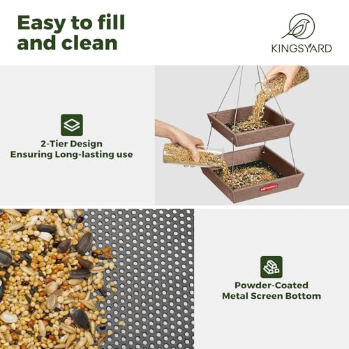 Kingsyard 2 Tier Large Platform Bird Feeder for Outdoors Hanging | Large Recycled Poly Lumber Tray, 5 Lbs Capacity, Garden Decoration Attracts Cardinal Bluebird Goldfinch, Brown - color: Brown
