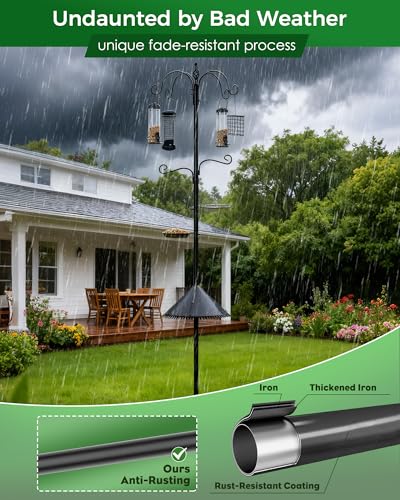 Bird Feeding Station, 94 Inch Wild Bird Feeders Pole with Wide Squirrel Baffle, 6-Hook, 4 Feeders, Water and Mesh Tray Humming Bird Feeders Stand for Outdoors Courtyards Gardens
