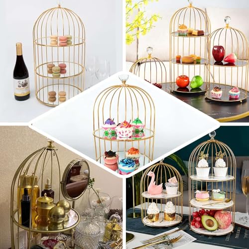 Efavormart 22" - 3 Tier Crystal Mirror Top Gold Metal Bird Cage Cupcake Cake Stand, Dessert Display for Wedding, Party, Birthday, Baby Shower Celebrations, Home Decorations - color: Gold, size: 3-Tier 22" Bird Cage