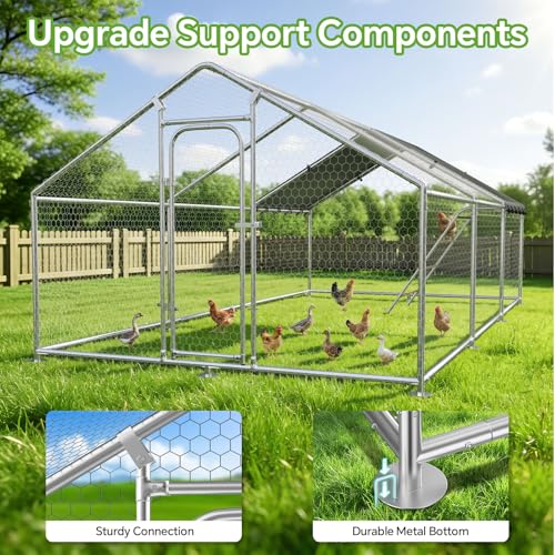 Large Metal Chicken Coop with Roosting Perch and Cover | Spire roof chicken run with waterproof UV-resistant cover, 10' W x 19.7' L x 6.4' outdoor poultry cage - size: 240.0"L x 120.0"W x 76.8"H