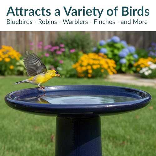 Sunnydaze Ceramic Bird Bath for Outside, Hand-Painted, 21” H, Midnight Blue | UV & Frost-Resistant, 1 Gal Water Capacity, 2-Piece Assembly, Colorful Outdoor Accent, Outdoor Bird Bath, Ceramic Birdbath - color: Midnight Blue