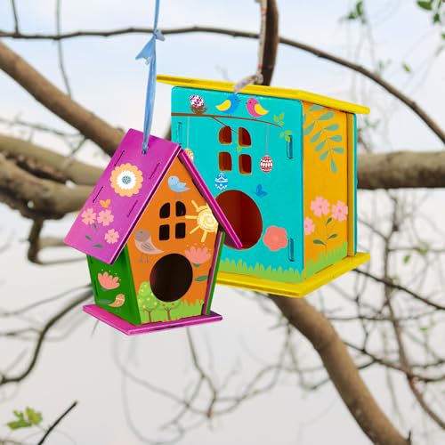 Sawysine 93 Pcs DIY Birdhouse Kits for Kids to Build, 36 Wooden Bird House 6 Shapes and 57 Butterfly Sticker for Children Summer Craft Activity Art Project DIY(Round Entrance) - style: Round Entrance