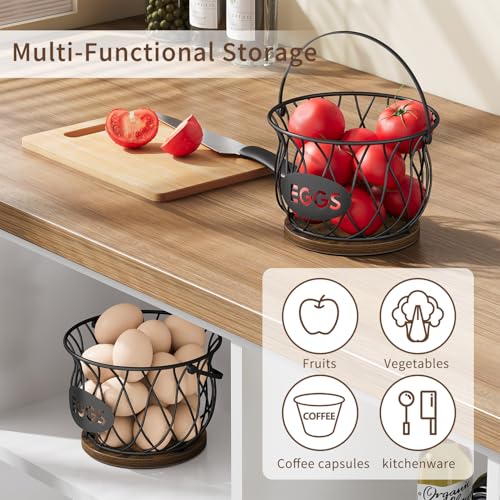 YINMIT Chicken Egg Basket, Round Egg Collecting Basket for Gathering Fresh Eggs, Farmhouse Wire Egg Basket with Handle, Egg Collector with Heavy Base for Kitchen Countertop
