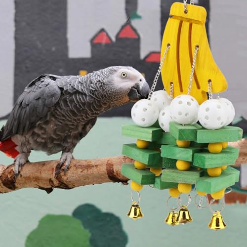 Hypeety Large Parrot Hanging Swing Toy Bells Chew Toy Colorful Hanging Wood Block Parrot Macaw African Greys Cockatiels Budgies Conure Banana Shape Natural Birds Cage Hanging Toy - color: Banana