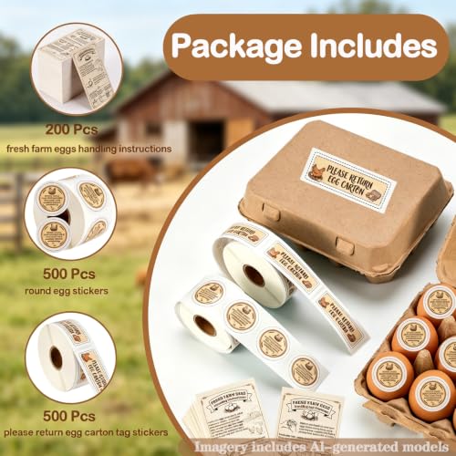 3-in-1 Fresh Farm Egg Packaging Set, 1200Pcs: 500 "Please Return Carton Stickers, 200 Egg Handling Cards, 500 "Eggs Unwashed Stickers – for Egg Farmers & Homesteaders