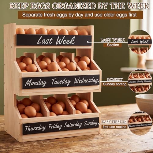 Leinuosen Wooden Egg Holder Countertop with 5 Dividers & DIY Freshness Labels to Separate, 3-tier Wood Egg Storage Basket Organizer, Large Farmhouse Kitchen Counter Display Rack