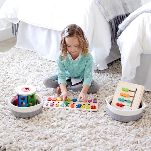 5-Piece Round Woven Cotton Rope Storage Baskets for Organizing, Small Shallow Nesting Set for Montessori Toys, Entryway Catchall, Fruit Bowl, Key Tray, Remote Holder, Nursery & Pet Toys - color: Off White & Gray