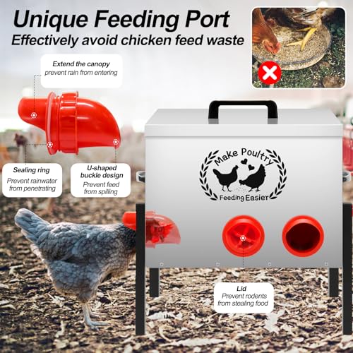 50LB Automatic Chicken Feeder Kit 8 Ports Large Metal Poultry Feeder Duck Chicken Coop Chick Feeder System Food Dispenser No Waste with Adjustable Legs Locking Lid Vegetable Hanging Bag Leg Rings