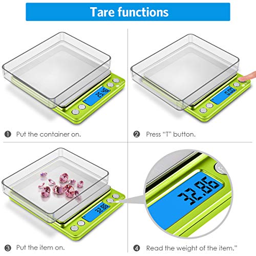 AMIR Digital Kitchen Scale, 500g-0.01g Mini Pocket Jewelry Scale, Cooking Food Scale with Backlit LCD Display, 2 Trays, 6 Units, Auto Off, Tare, Stainless Steel (Battery Included) - color: Green