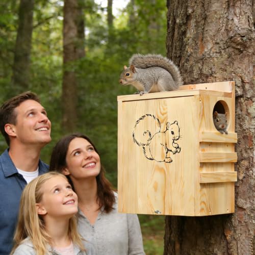 Large Squirrel House for Outside, Wooden Squirrel Box with Predator Guard | Squirrel Nesting Box for Squirrels and Chipmunks, with Internal and External Climbing Ladders, 4 Corner Drainage Holes - size: Large: 8"wide