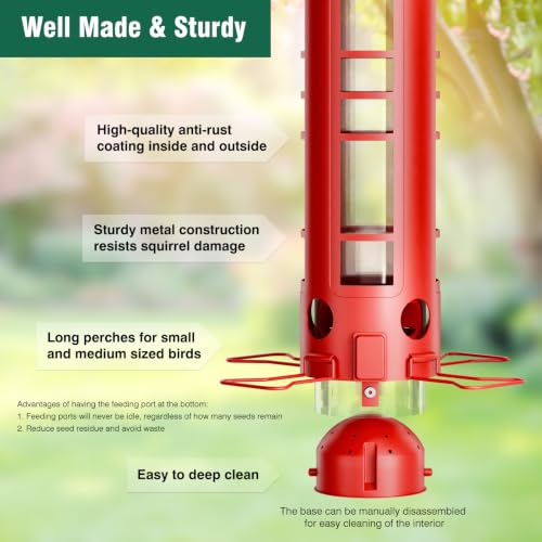 Squirrel Proof Metal Bird Feeder, Removable Base for Cleaning, Weight Activated Perches, 3 Lbs Capacity, Weatherproof & Rust Proof, Outdoor Hanging Bird Feeder for Cardinals, Finches - color: Red