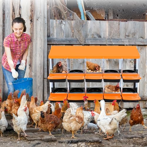 2-Tier Chicken Nesting Box, 10 Compartment Metal Nesting Box for Chickens with Waterproof Roof, Non-Slip Stable Base, Heavy Duty Chicken Laying Boxes for Hens, Poultry - color: Orange, size: 10 holes