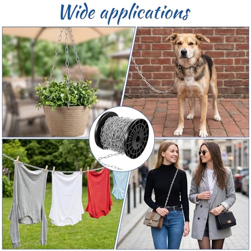 50ft Galvanized Steel Hanging Jack Chain 1/16" Silver Metal Link Chain Roll Spool for Light Fixture, Overhead Lights, Artworks, Bird Feeders, Dog Leashes, Signs, DIY Projects(1.5mm with Spool)