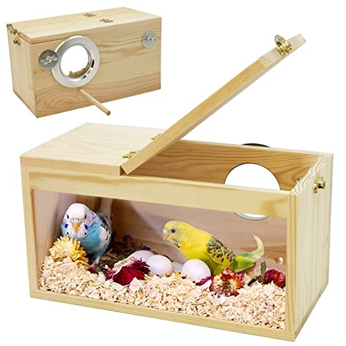 Fhiny Parakeet Nesting Box, Wooden Bird Breeding Box for Cage with Perch Transparent Acrylic Parakeet Nest for Lovebirds Budgies Conures Finches Small and Medium - Sized Birds (Medium)