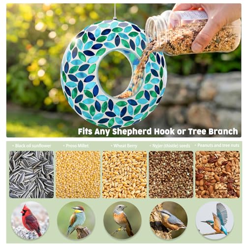 VCUTEKA Mosaic Bird Feeder Fly Through Hanging Birdfeeders for Garden Decor | 10 inch Mosaic Glass Bird Feeeder for Outdoors, Round Shape Glass Container to Attract Wild Birds for Backyard Porch Decor - color: Green-2