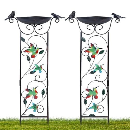 hogardeck 2 Pack 35” Metal Bird Bath with Garden Trellis for Climbing Plants Outdoor, Vintage Hummingbirds Decorative Birdbath, Garden Decor Metal Plant Support for Climbing Flowers - style: 2 Packs