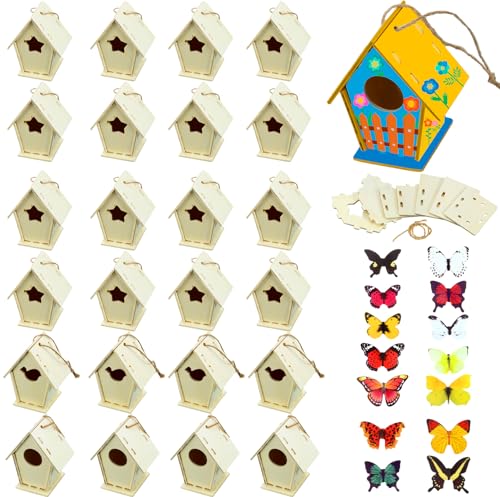 Outus 24 Pcs Wooden DIY Birdhouse Kits for Kids to Build, 4 Shapes Birdhouse Kit Wooden Unfinished with Butterfly Sticker for Boy Girl Arts Crafts(Vintage) - style: Vintage