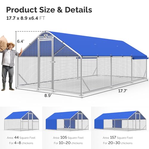 Large Metal Chicken Coop with Galvanized Hardware Cloth, Chicken Coop Run Pen for Yard with Waterproof Cover, Outdoor Large Walk-in Chicken Coops for 30 Chickens Duck Pen House Cage Run - size: 212.6"L x 106.3"W x 76.8"H