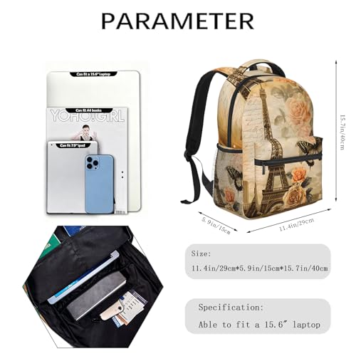 Vintage Paris Casual Backpack, Lightweight Laptop Bag Daypack, Eiffel Tower and Butterfly Backpacks for Women Men Teens Students, Retro Polyester Bookbag Gifts for School Work Travel Hiking - color: Paris