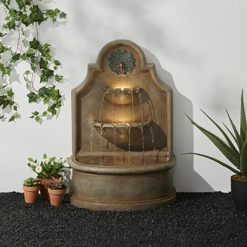 Glitzhome 37.25" H Outdoor Garden Water Fountain with LED Lights and Pump, Oversized Antique European Style 3-Tier Polyresin Cascading Floor-Standing Fountain for Porch Deck Patio Backyard Decoration - color: Antique