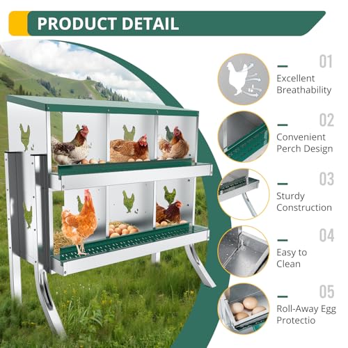 6 Compartment Chicken Nesting Box Chickens Hens Ducks Egg Metal Coop | Protect Eggs Under Lid; Support Poultry Nesting; Slide Tray For Cleaning; Improve Nest Cleanliness; Metal Chicken Run - color: Green