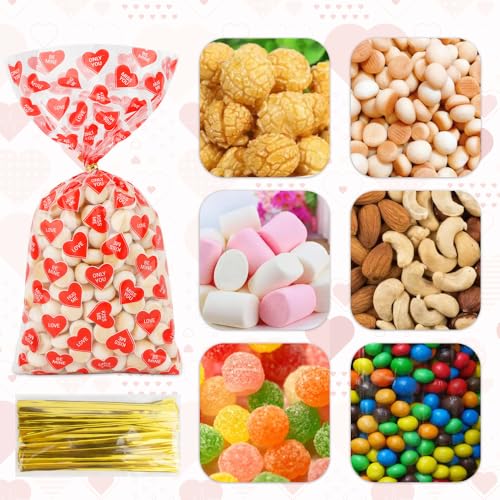 Valentines Treat Bags, 100 PCS Valentines Goodie Bags, Valentines Day Plastic Goodie Candy Goody Cookie Favor Ziplock Cellophane Treat Bags for Classroom Party Small Mini Valentines Gift Bags Bulk - color: 100pcs-Valentine bags