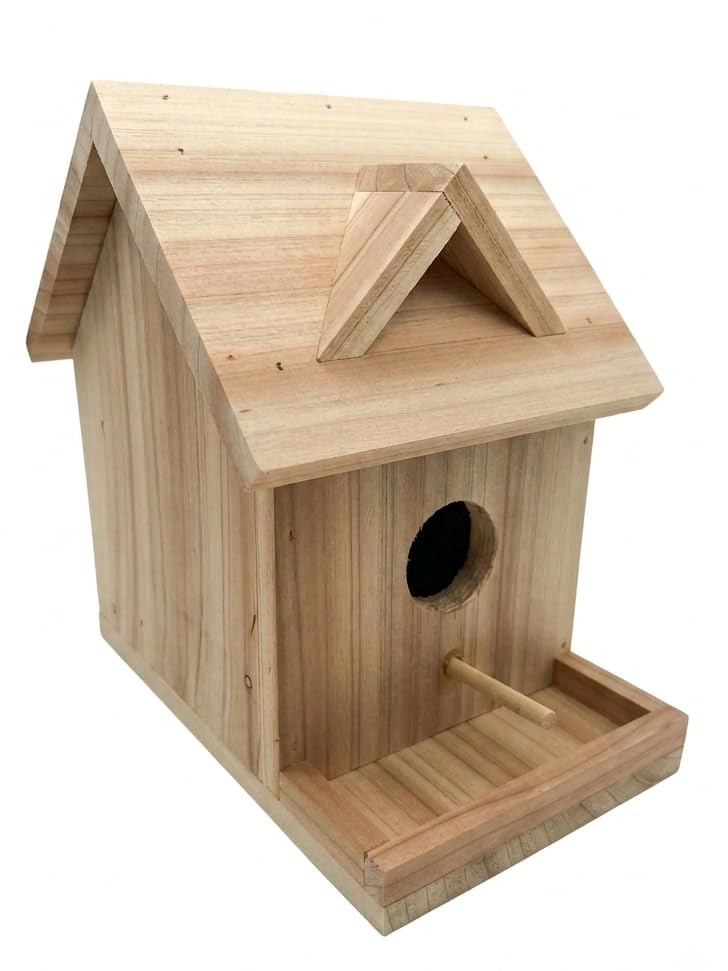 Handmade Natural Cedar Wood Assembled Cottage Birdhouse, Made in America | Classic Unpainted Cabin-Style Wren and Chickadee Nesting Box, Durable Hinged Roof, Front Entrance, Includes Perch (Assembled)
