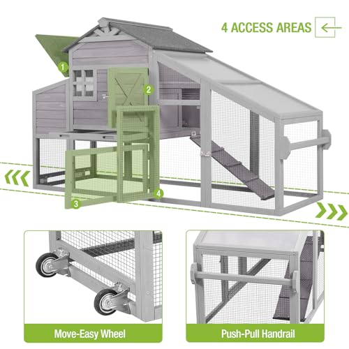 GUTINNEEN Mobile Chicken Coop for 2-4 Chickens with Wheels, Expandable Large Hen House with Run, UV-Protected Roof, Divided Nesting Boxes, Easy One-Person Move, Grey - color: Grey, size: 65.2"L x 26.4"W x 47.6"H