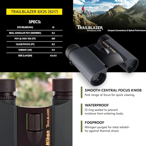 Nikon Trailblazer 8x25mm ATB Binoculars - Compact, Waterproof & Fogproof, Bright Multilayer-Coated Optics, Roof Prism - All-Terrain Outdoor Wildlife Viewing & Birdwatching Binoculars (8217) | Waterproof, fogproof, compact, Waterproof & Fogproof, Bright, b