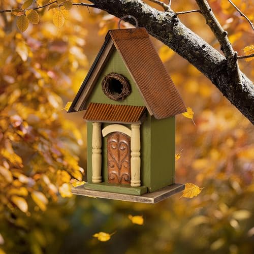 Glitzhome Bird Houses for Outside,11.25" H Vintage Wooden Bird House Garden Distressed Decorative Birdhouse for Outdoors, Hanging Birdhouse for Bluebird Hummingbird Wren Finch Cardinals Cedar (Green) - color: 11.25"H Green