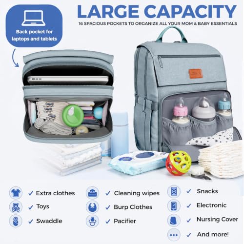 Baby Shower Gifts Diaper Bag Backpack - Large Capacity Baby Bag Backpack, Wide Opening & Easy Access Stylish Baby Diaper Bag - Waterproof, Durable, Travel-Friendly Organizer w/ Foldable Changing Pad - color: L. Light Blue, style: Classic