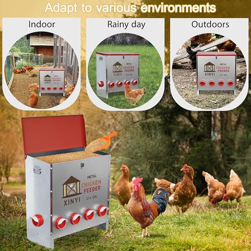 XINYI Automatic Metal Chicken Feeder, 27.6 Gallon Large Capacity with 10 No Waste Ports, Gravity Feeder with Locking Lid & Riveted Handles, Rodent Proof and Weatherproof for Your Chicken Coop - size: 10 ports