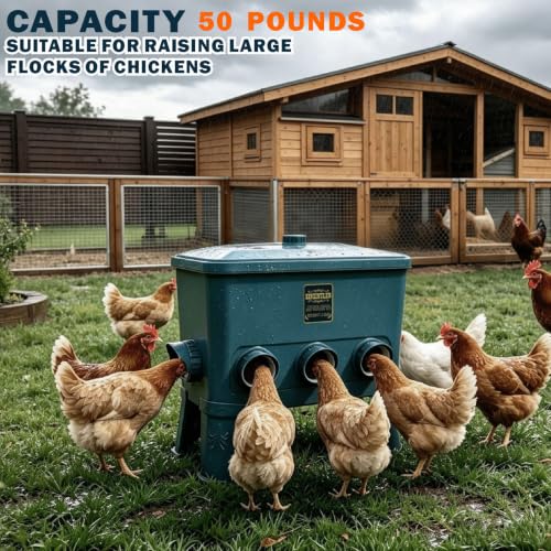 ZINZINULER Large Automatic Port Chicken Feeder and Cup Waterer Set - Chicken Coop Accessories, No Waste Poultry Feeder, 9 Gallon/50 Pounds (Cyan)