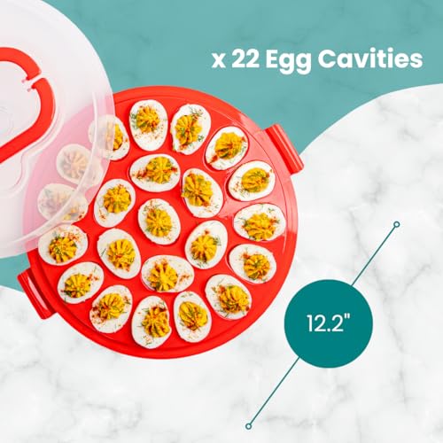Deviled Egg Containers with Lid & Handles, 22-Count Portable Carrier, Dishwasher Safe Tray, Refrigerator Storage, High-Capacity Trays Deviled Egg Holder - Red - color: Red
