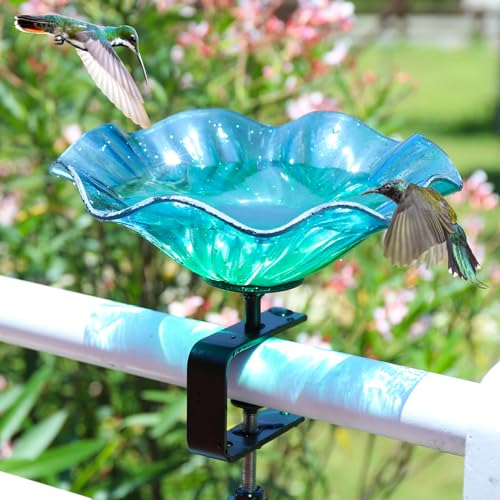 Deck Mounted Bird Bath for Outdoors, Glass BirdBaths Bowl for Garden | Blue Glass Bird Baths Bowl with Adjustable Sturdy Steel Fence Clamp for Garden Patio Lawn Yard Deck Balcony Railing - color: Blue