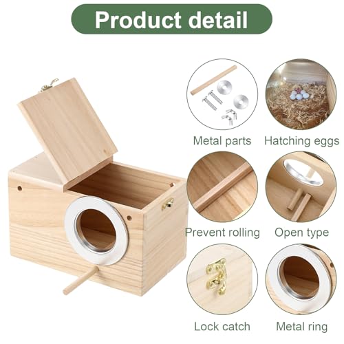 2 Pack Parakeet Nesting Box, Natural Wood Bird Nesting Box Breeding House for Budgie Lovebirds Cockatiel Finch Parrotlets - 7.7x4.7x4.7 Inches