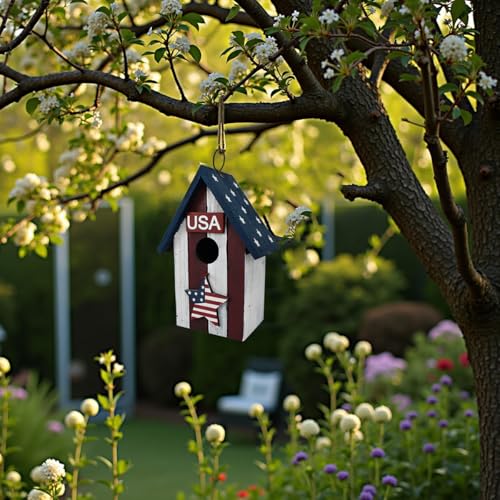 Patriotic Wood Bird House for Outside, Hanging Birdhouse for Outdoor Garden Decorative US Flag Bird House Nest Home for Wrens and Small Birds
