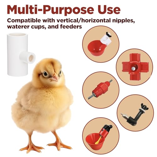 50 Pack PVC Tee Fittings for Chicken Waterer - Threaded Connectors for Poultry Nipples, Automatic Chicken Water Drinker Cups and Feeder Systems, Durable & Leak-Proof (White)