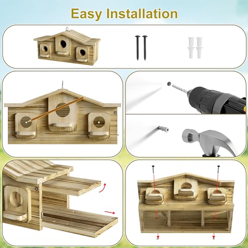 Auslar Bird House for Outside, 3 Hole Wooden Birdhouse for Outdoors Hanging | Bird Nesting Box for Bluebirds Cardinals Finches Wrens Swallows, Predator Guard, Perch & Hook, Garden Backyard Decor - style: Rectangular