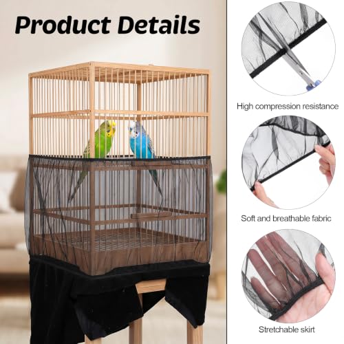 2Pcs Bird Cage Seed Catcher 73'' Adjustable Bird Cage Skirt Cover | Black Stretchy Birds Cages Netting for Round Square Parrot Parakeet Macaw African Cages - color: Black